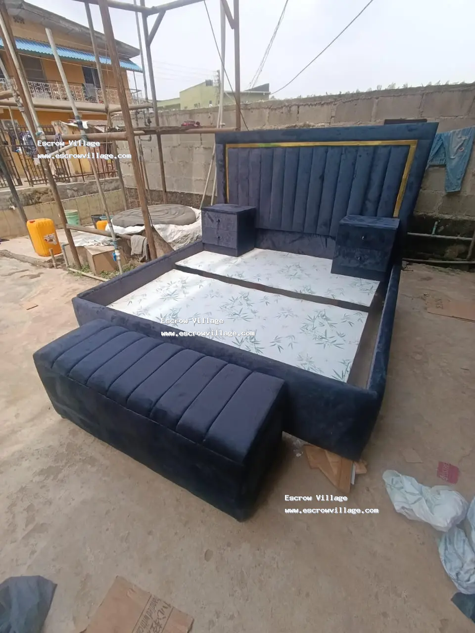 6 by 6 bedframe with 2 besides and ottoman